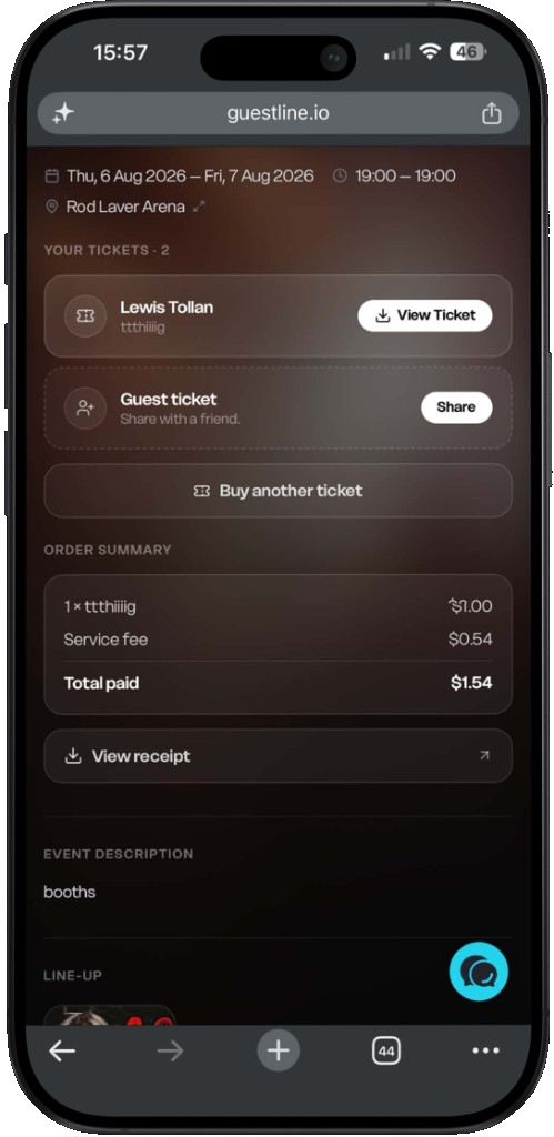 Manage purchased Guest Line tickets with order summary and receipt