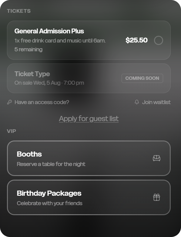Guest Line ticket types with remaining stock, waitlist and coming soon